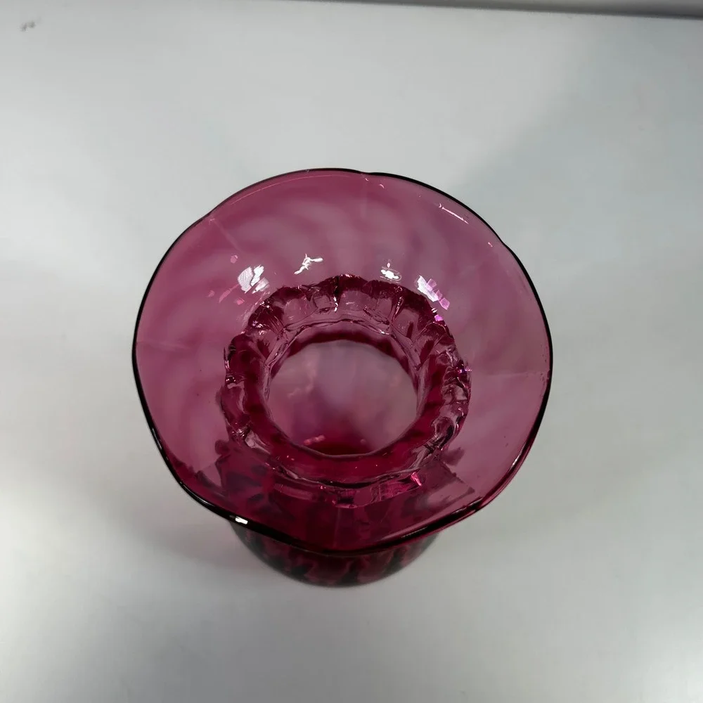Vintage Cranberry Pink Art Glass Vase Ruffled Rim Clear Rigaree Optic Rib 6.5